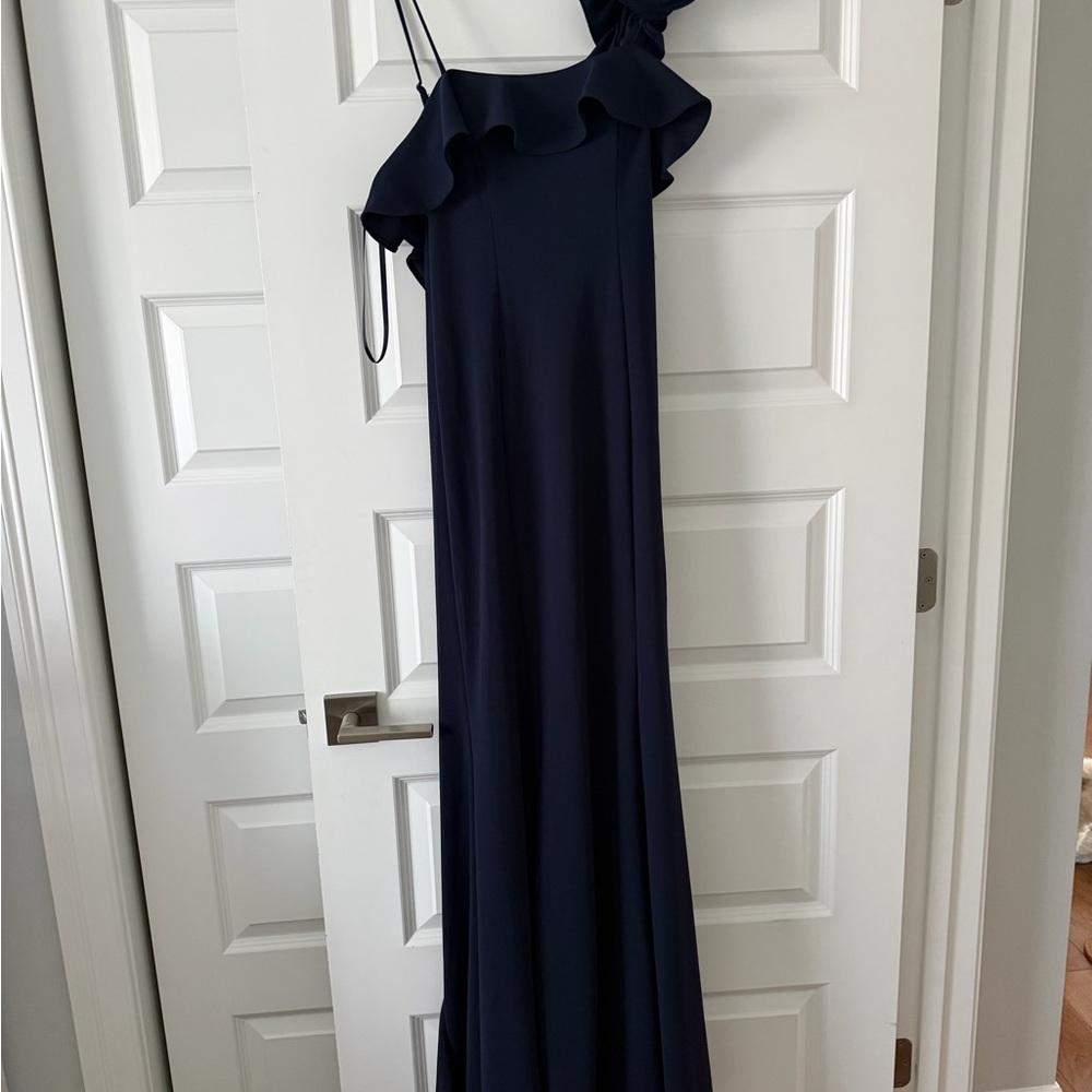 Navy One-Shoulder Ruffle Evening Dress